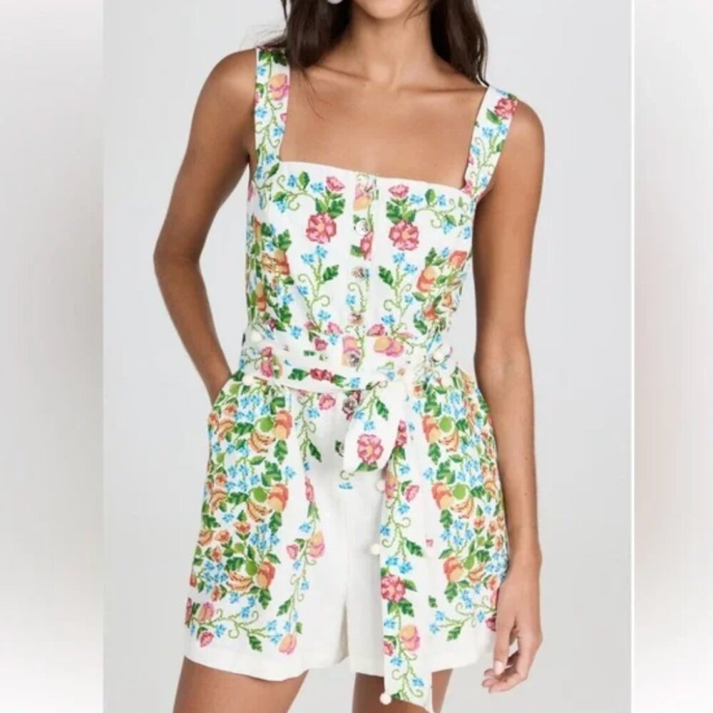 Floral Tie-Waist Romper in White with Multicolor Print
